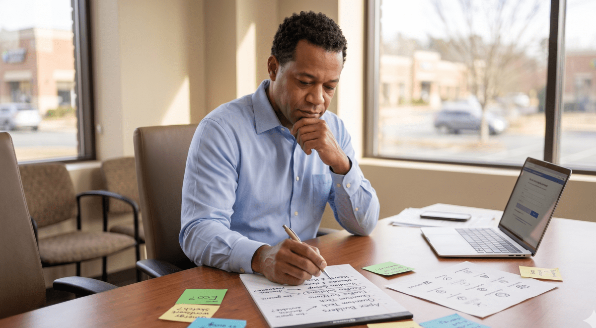 Exit planning consultant brainstorming LLC name ideas for a consulting business