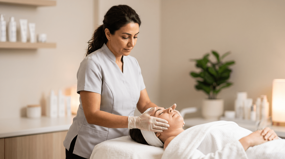 Facial spa esthetician performing a treatment on a relaxed client