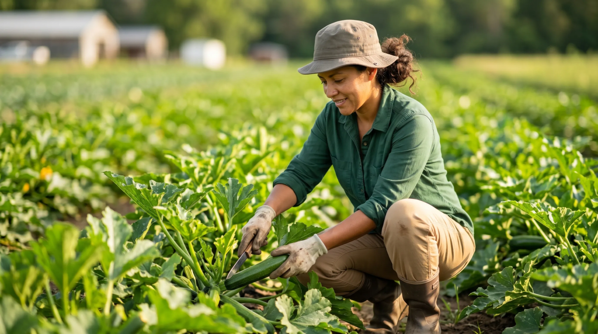 Family vegetable farm owner tending crops on a small family farming business