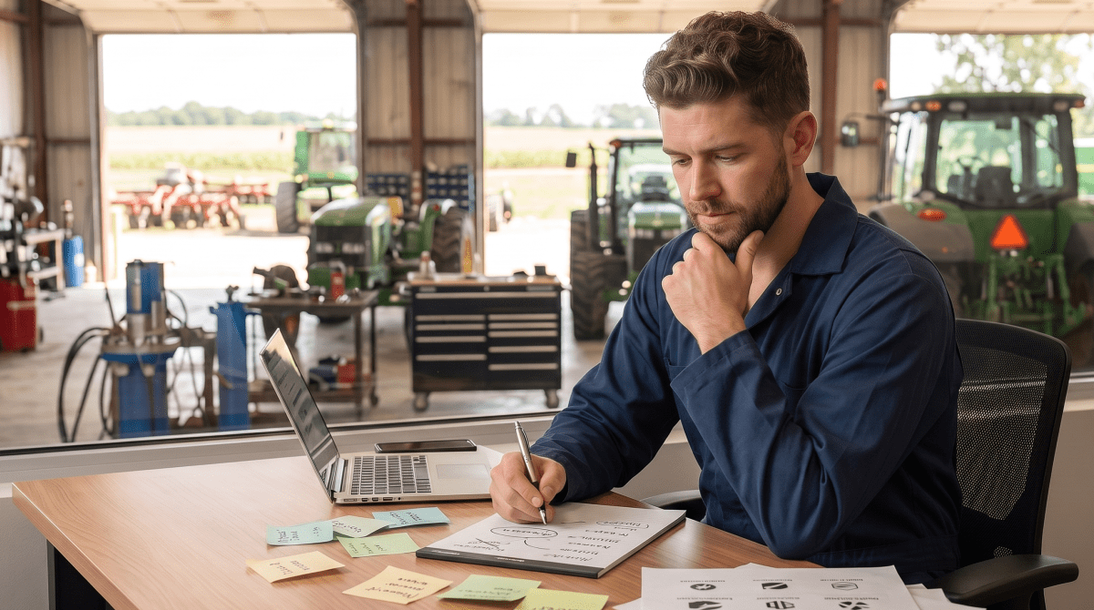 Farm equipment business owner brainstorming business name ideas