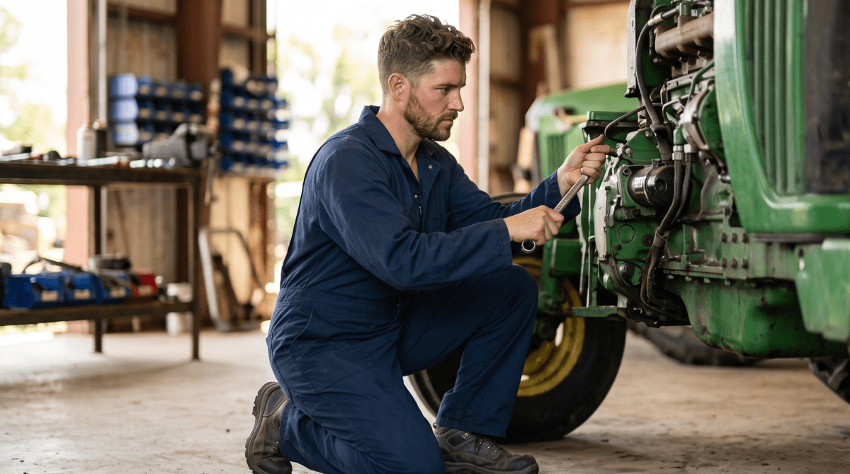Farm equipment repair technician diagnosing a tractor engine in a workshop