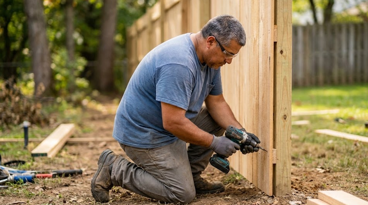 Fencing contractor installing a fence for a residential fencing and outdoor construction business