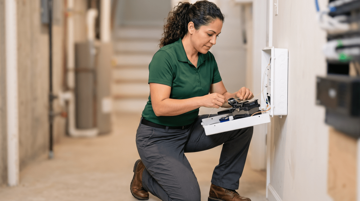 Fiber optic installation business owner installing fiber optic cabling