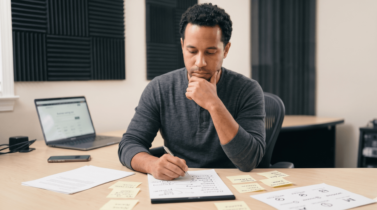 Video production company owner brainstorming LLC business names
