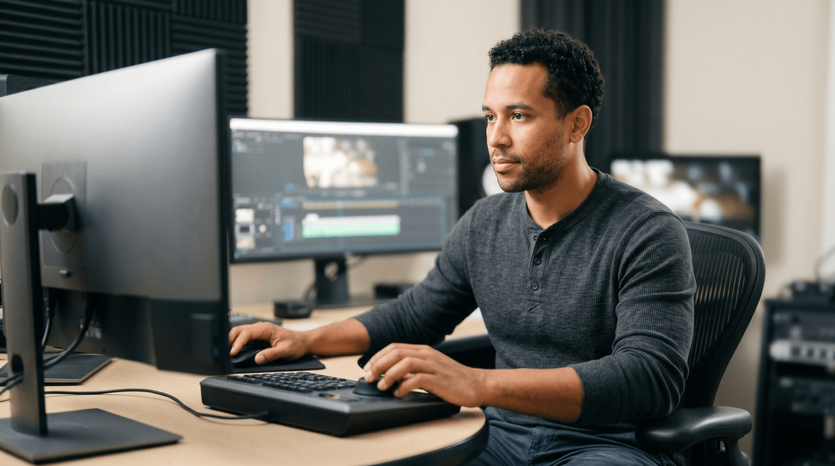 Film and video production company owner working on set for a commercial video production business