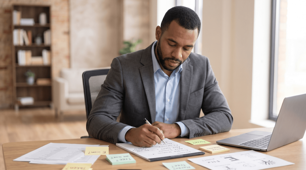 Financial advisor brainstorming LLC name ideas for a financial services business