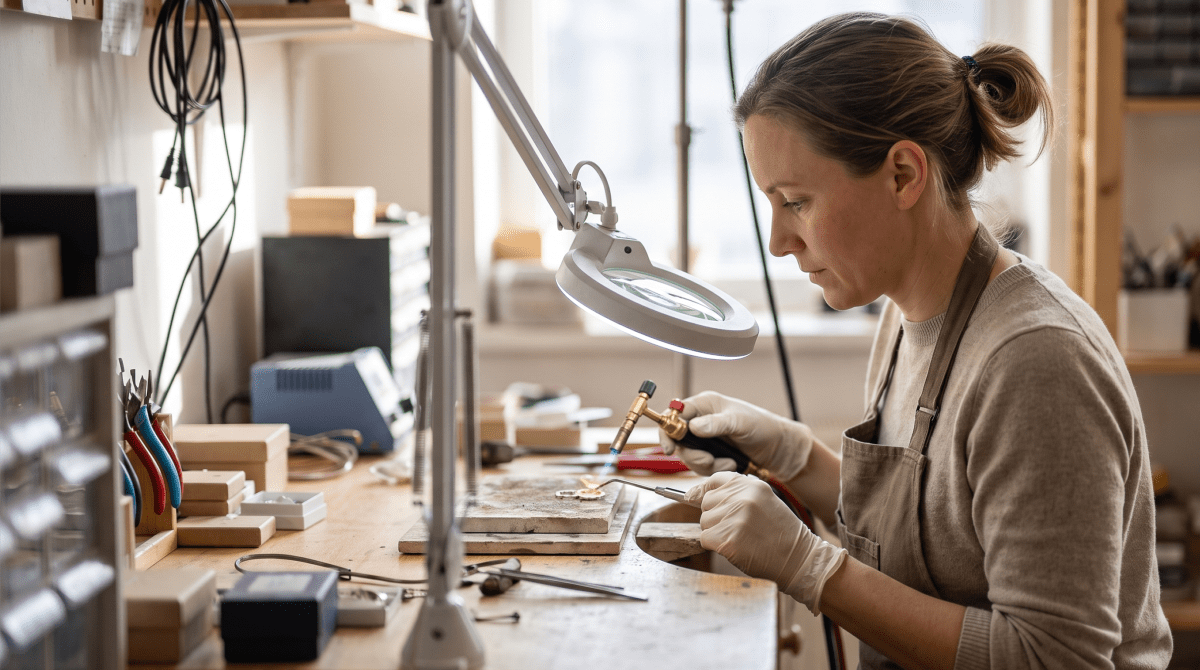 Fine jewelry maker inspecting a gemstone piece at a workbench