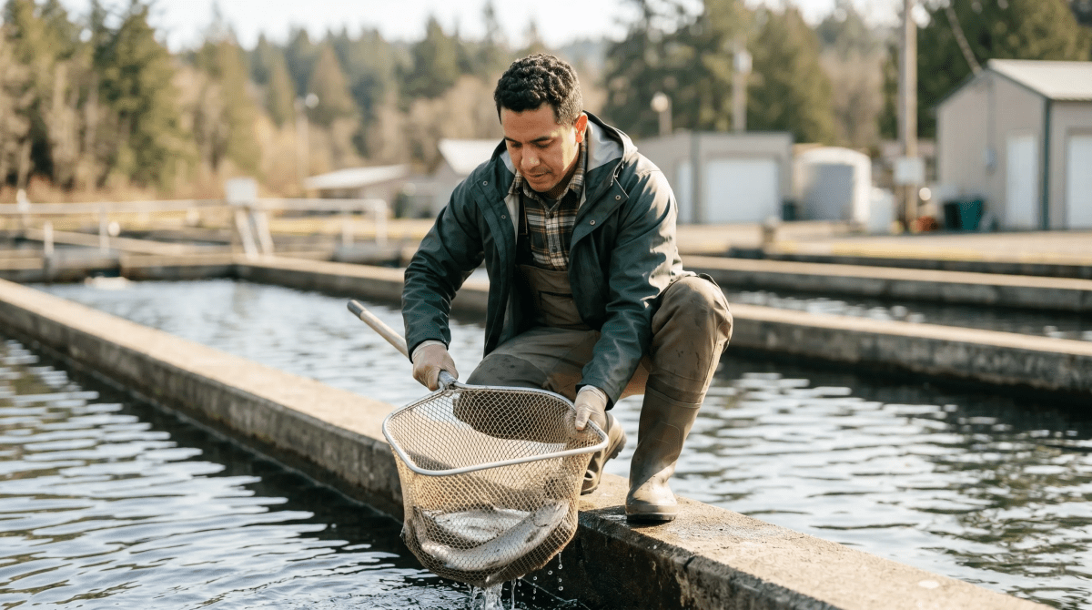 Fish farm owner managing a sustainable aquaculture and commercial fish farming business