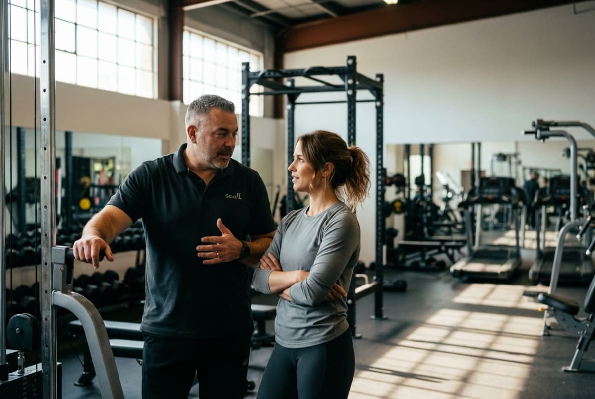Fitness equipment retail business owner helping a client select the right exercise equipment