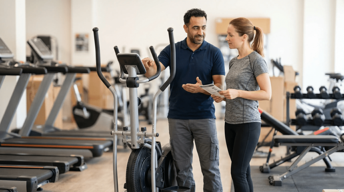 Fitness equipment retail business owner helping a client select the right exercise equipment