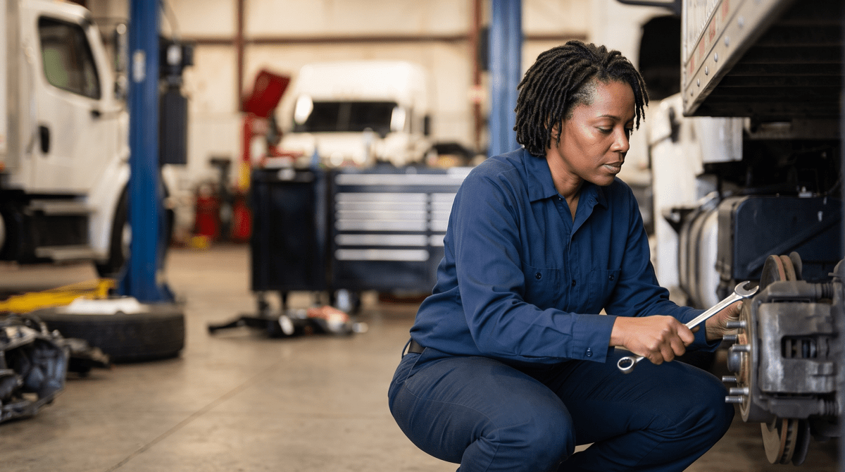 Fleet maintenance technician servicing a row of commercial vehicles