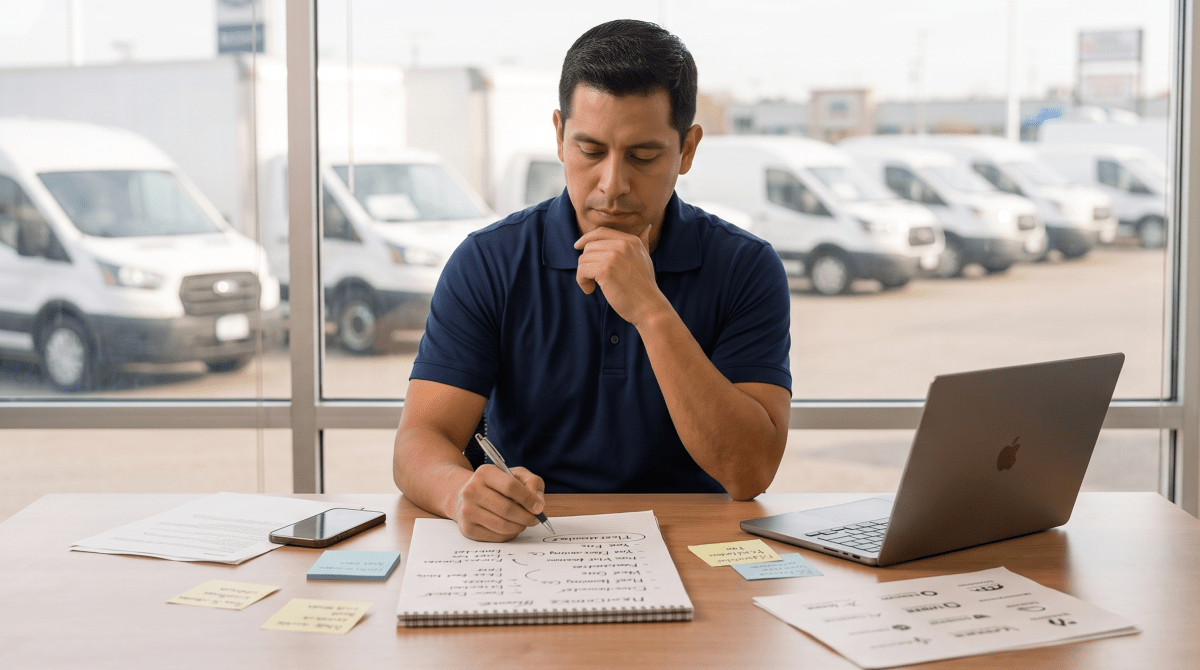 Fleet vehicle sales owner brainstorming business name ideas