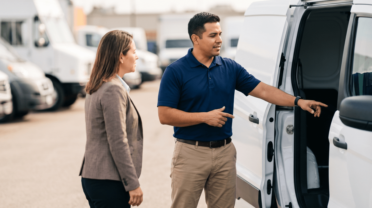 Fleet vehicle sales owner reviewing commercial vehicles on a lot
