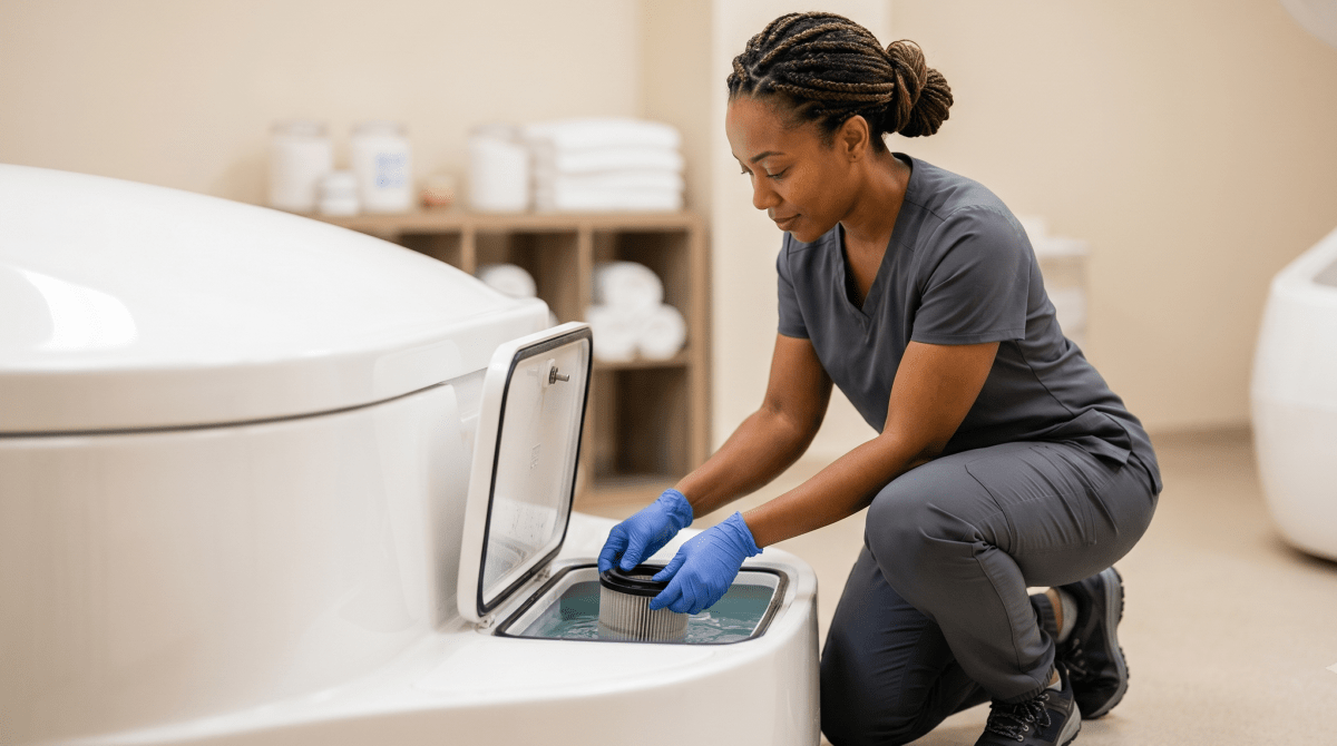 Float tank spa owner preparing a sensory deprivation tank for a session