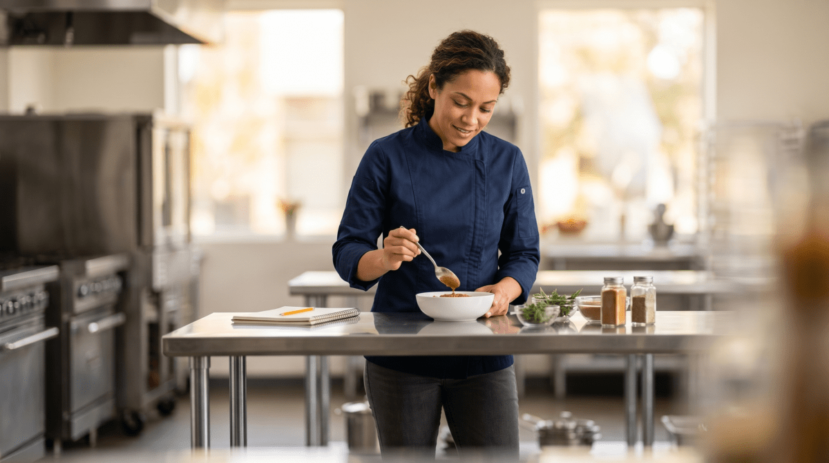 Food consultant advising a restaurant client on menu development and food business operations
