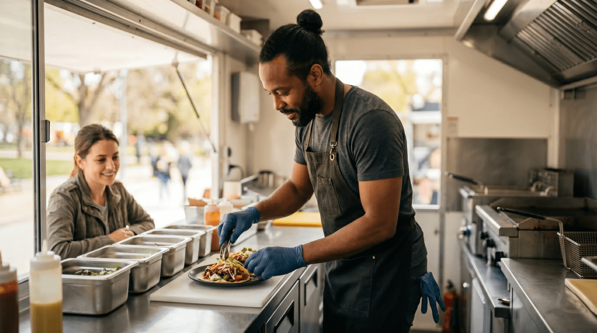 Food truck business owner serving customers at a busy outdoor food truck event
