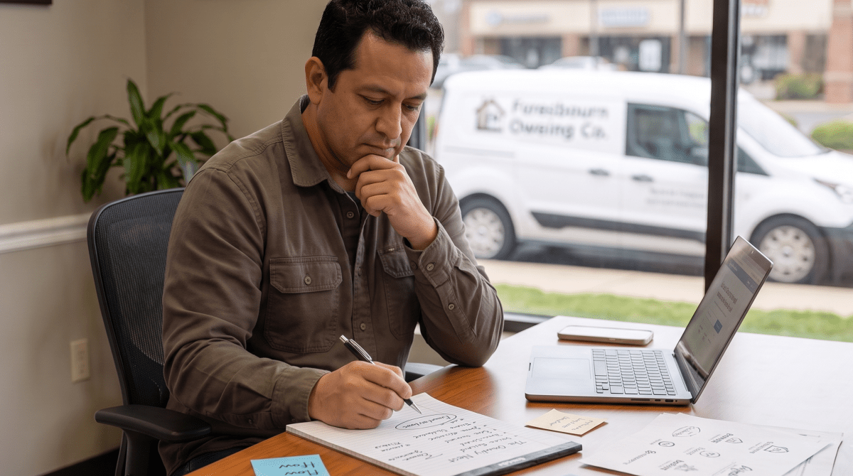 Foreclosure cleanup owner brainstorming business name ideas