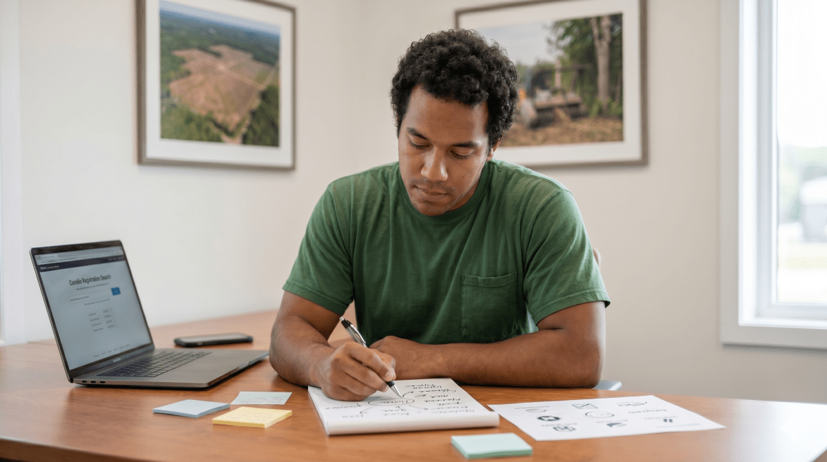 Forestry mulching business owner brainstorming LLC name ideas for a land clearing company