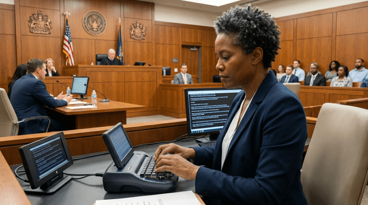 Freelance court reporter transcribing testimony during a legal proceeding in a courtroom setting