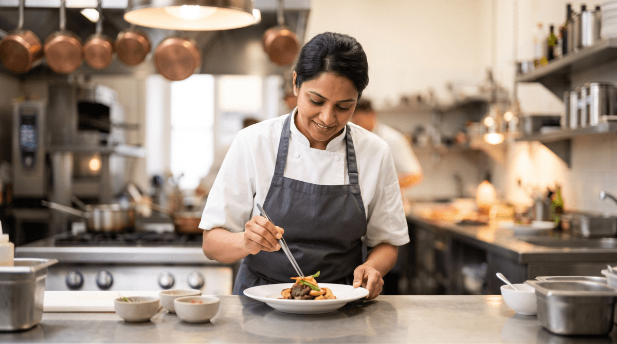 French restaurant owner working on their business