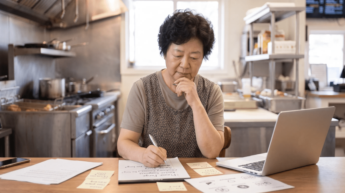 Fried chicken restaurant owner brainstorming business name ideas