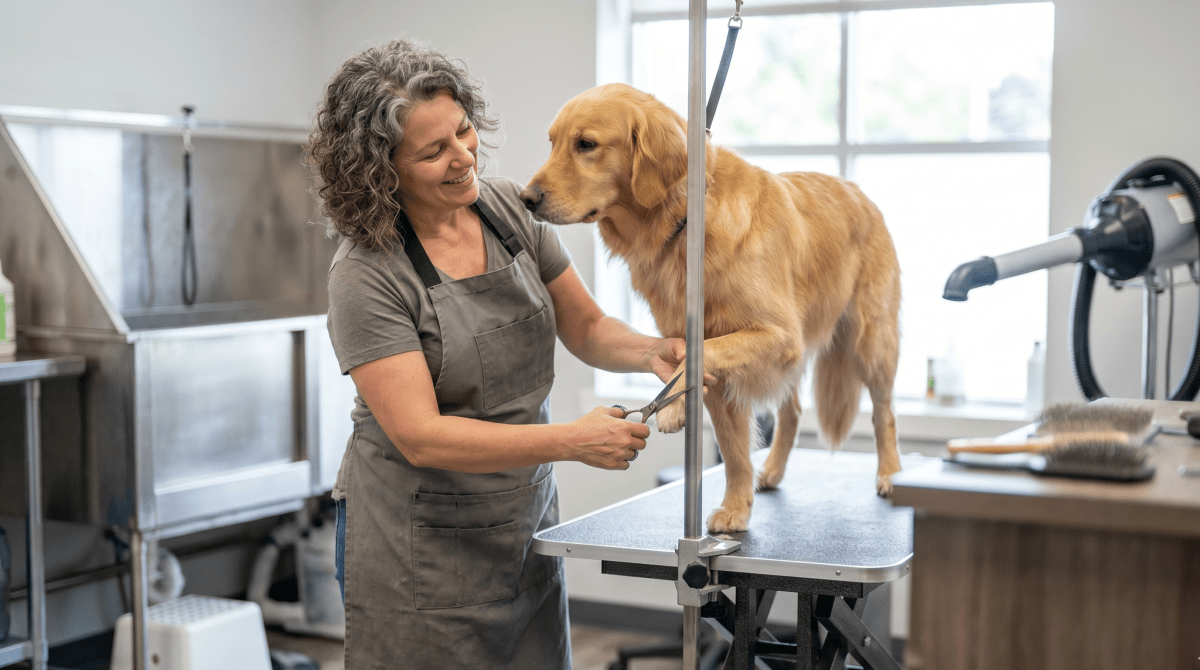 Full-service dog grooming salon owner grooming a dog at a professional pet grooming business