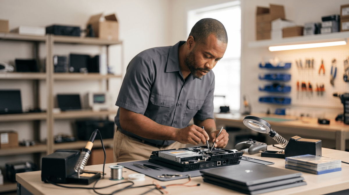 Game console repair owner working on their new business idea