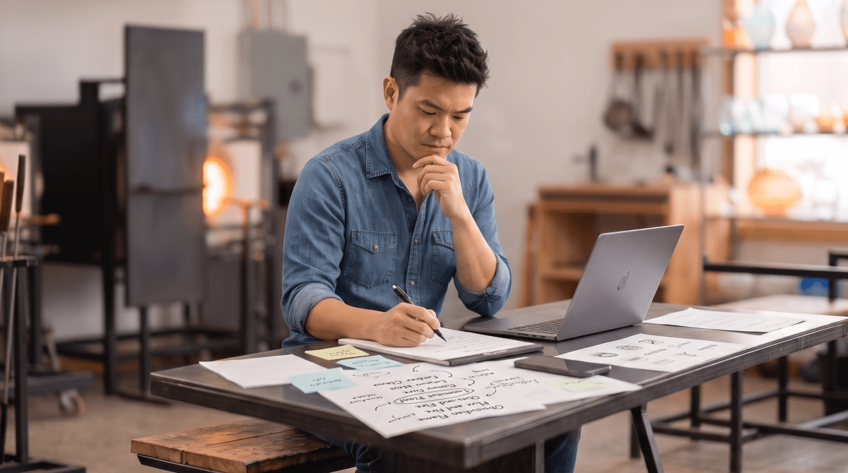 Glass art studio owner brainstorming business name ideas