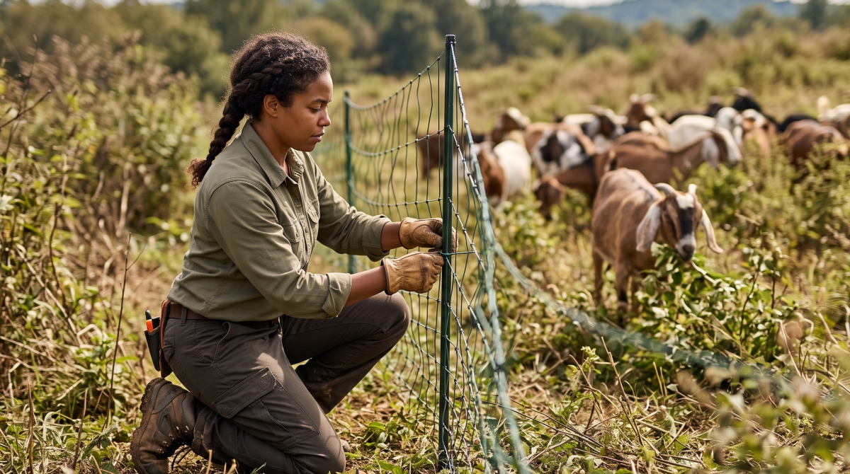 Goat landscaping business owner tending goats clearing brush on a hillside