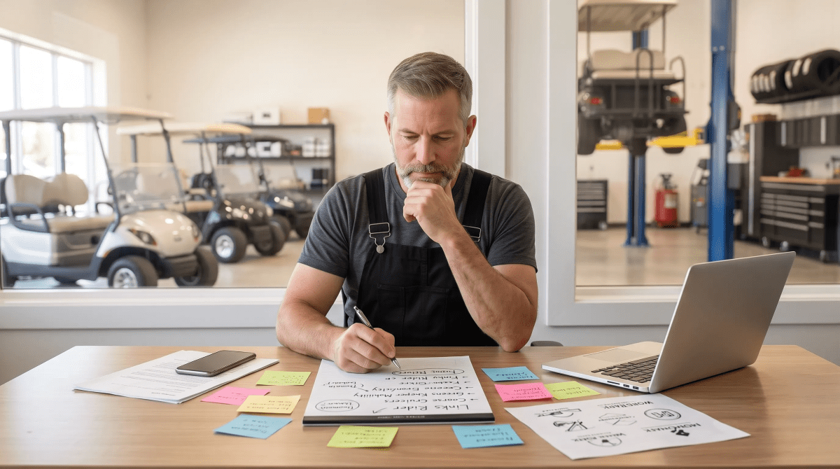 Golf cart repair and sales business owner brainstorming business name ideas
