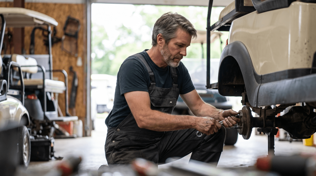 Repairing a golf cart at a golf cart sales and service shop