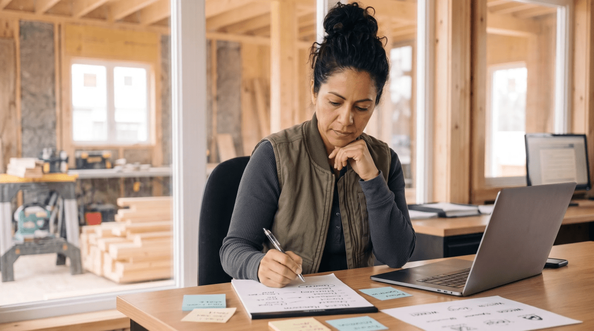 Green building contractor owner brainstorming business name ideas