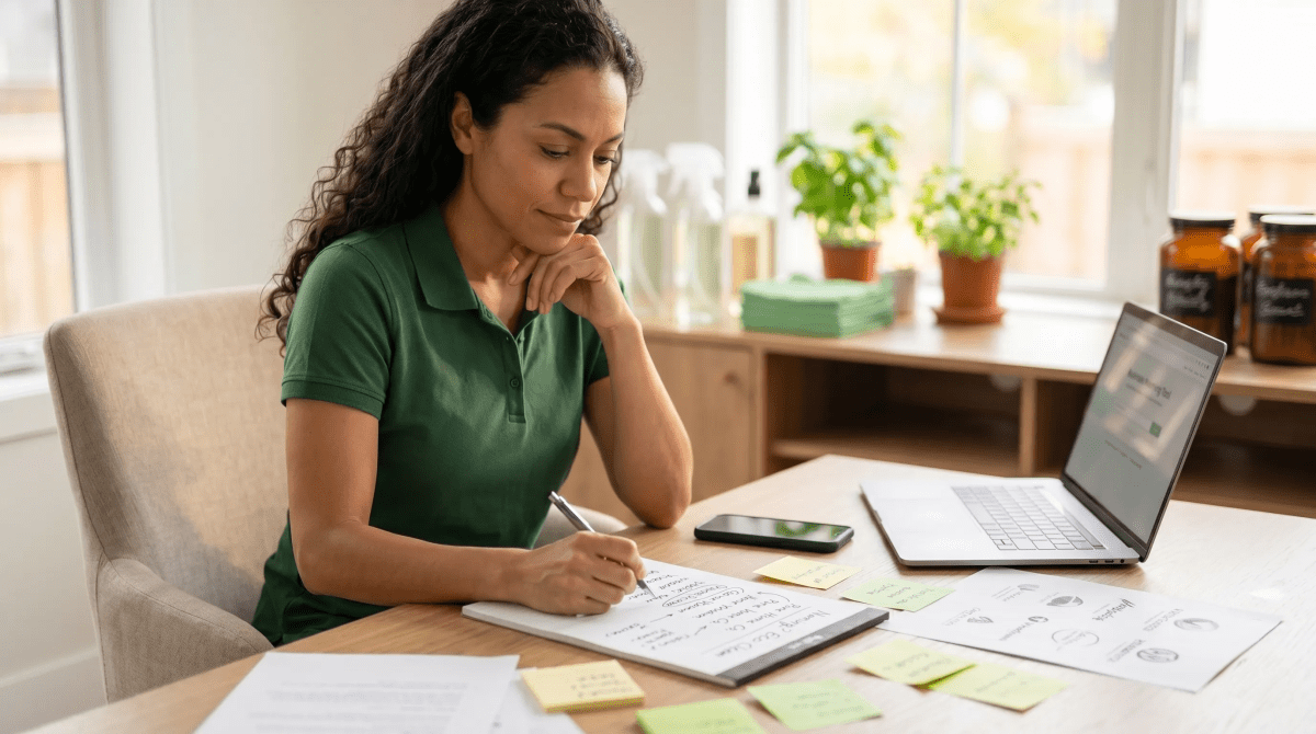Green home cleaning business owner brainstorming LLC name ideas