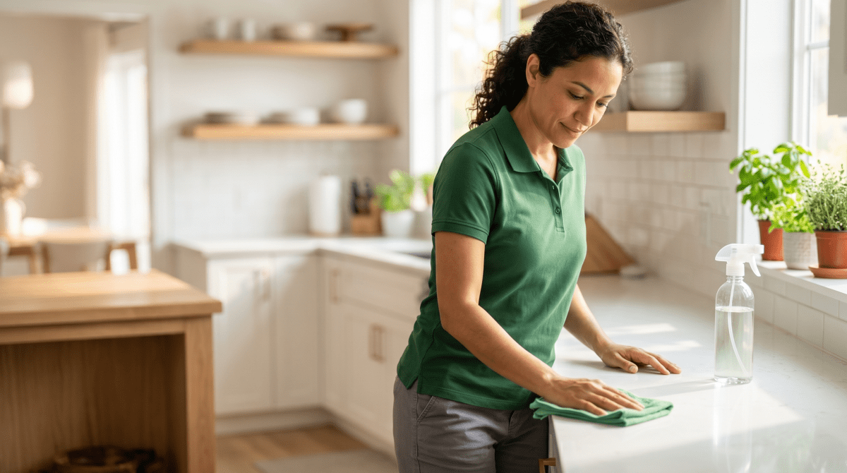 Green home cleaning business owner cleaning with eco-friendly products for a sustainable cleaning service