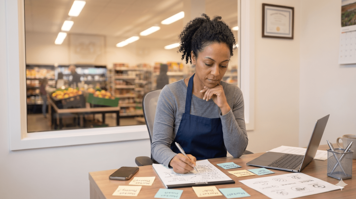 Grocery store owner brainstorming business name ideas for a new retail shop