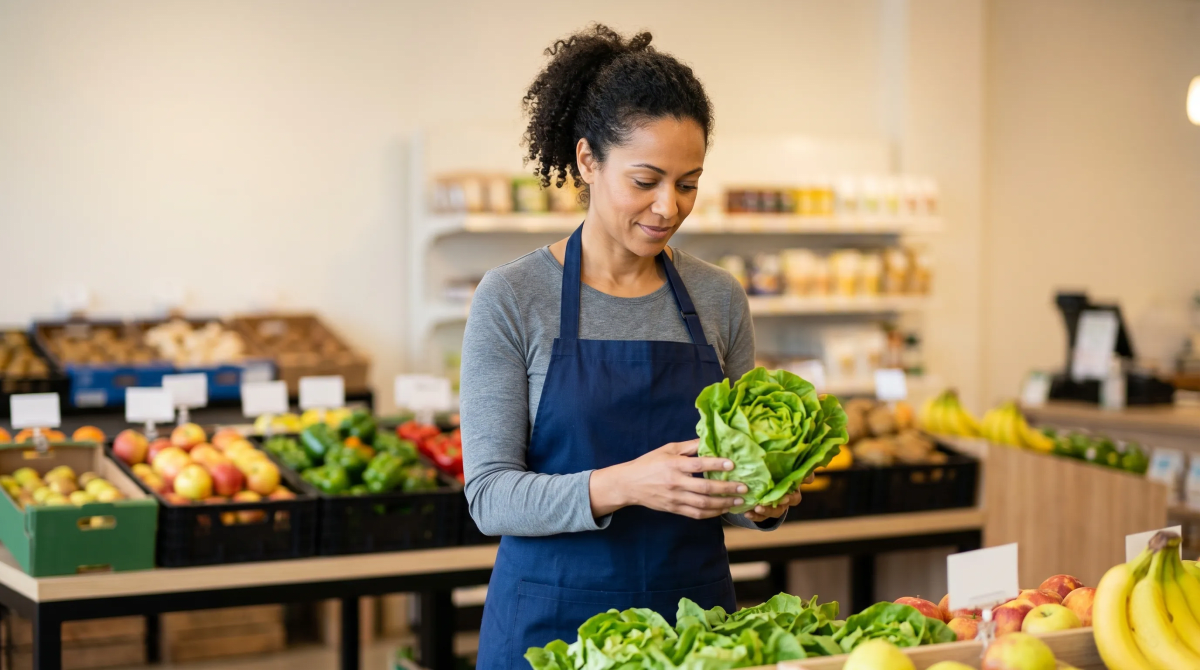 Grocery store employee ringing up and checking out a customer at the register