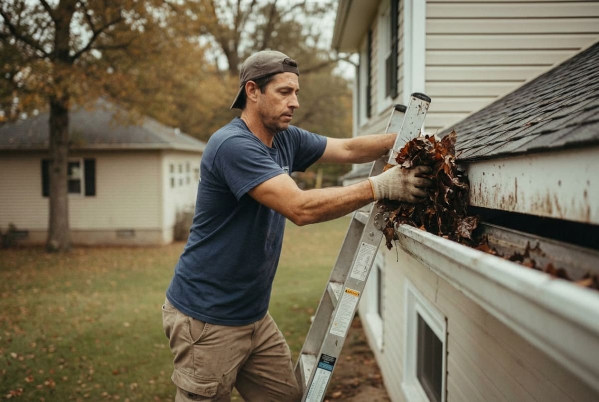 Gutter cleaning technician removing debris and clearing gutters on a residential home