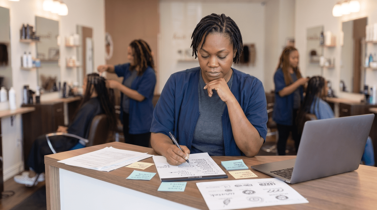 Hair braiding salon owner brainstorming business name ideas