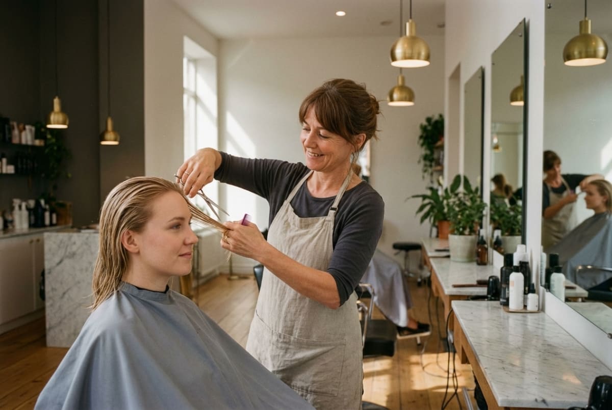 Hair salon business owner styling a client's hair in a professional salon