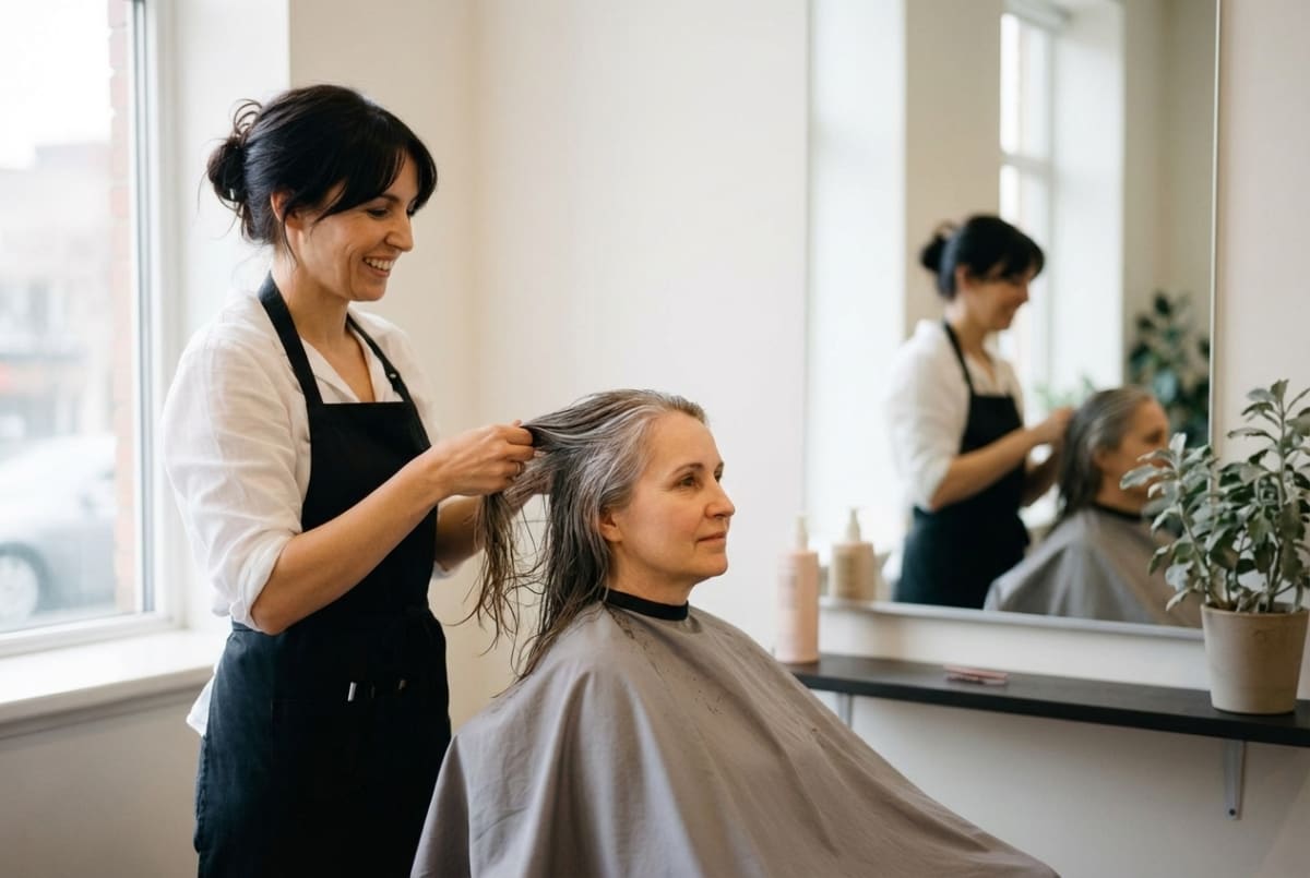 Professional hairdresser cutting and styling a client's hair at a hair salon