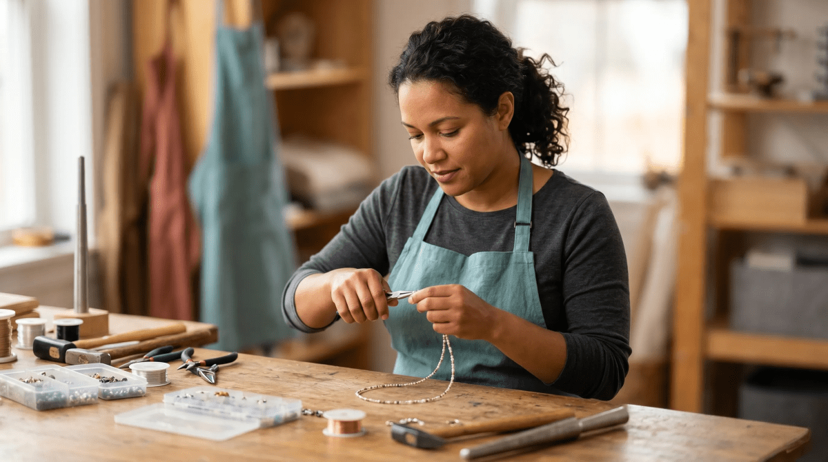 Handmade jewelry and accessories store owner showcasing unique pieces to customers in-store