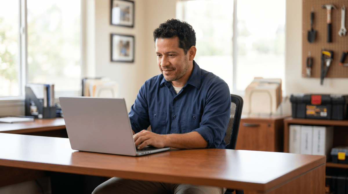 Handyman registering a handyman business as an LLC on a computer
