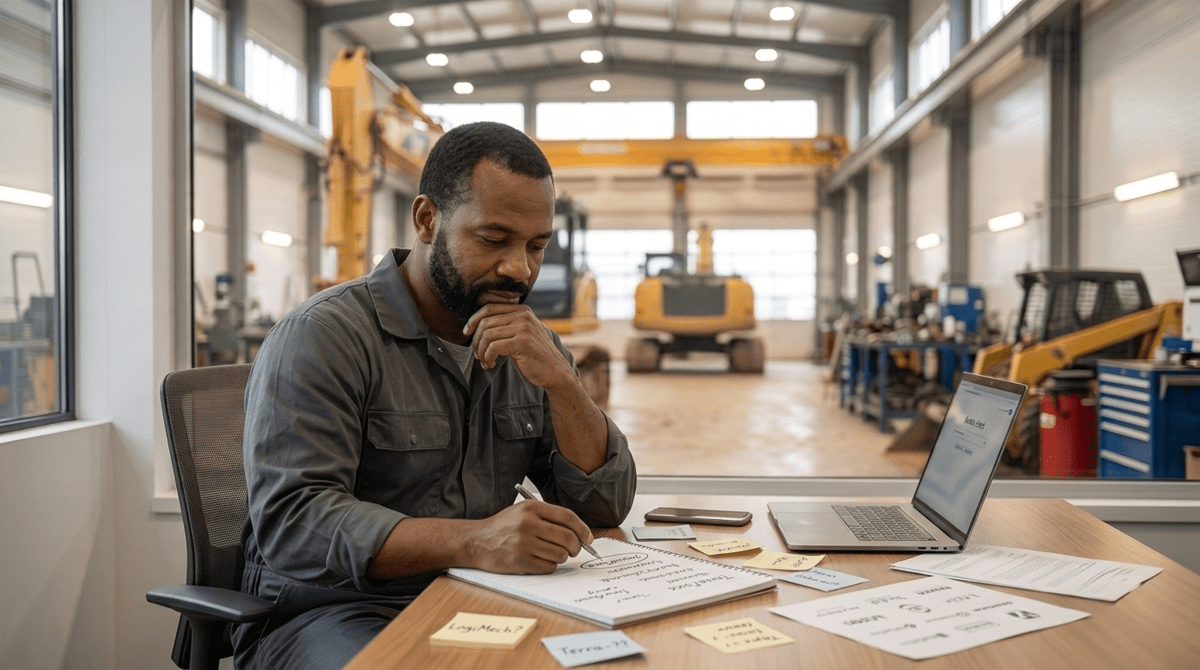 Heavy equipment repair business owner brainstorming business name ideas