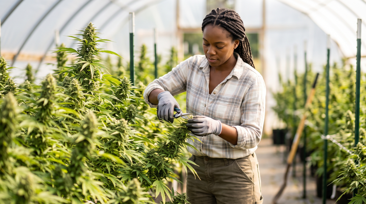 Hemp farm owner inspecting tall green hemp plants in an outdoor field