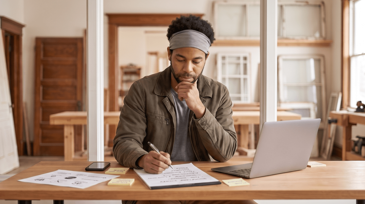 Historic home restoration owner brainstorming business name ideas