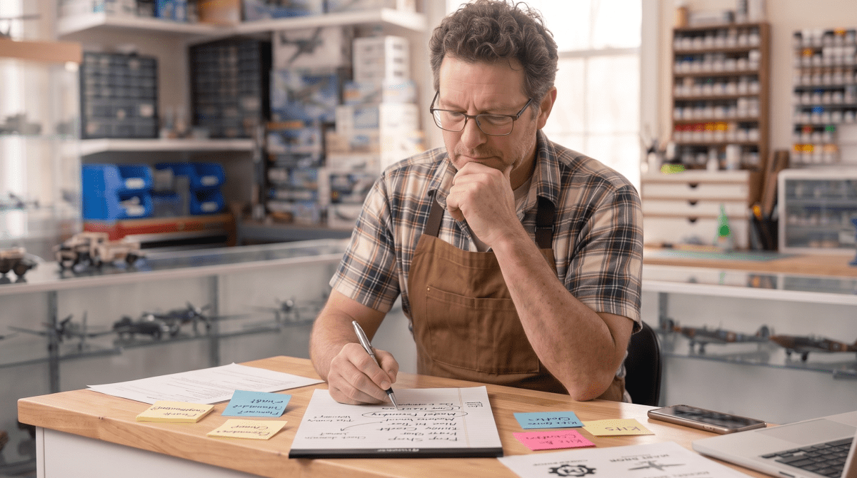 Hobby and model shop owner brainstorming business name ideas