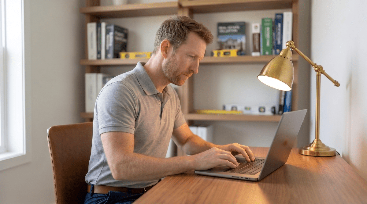 Home appraiser registering a real estate appraisal business as an LLC on laptop