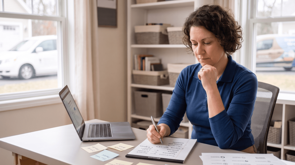 Home decluttering owner brainstorming business name ideas