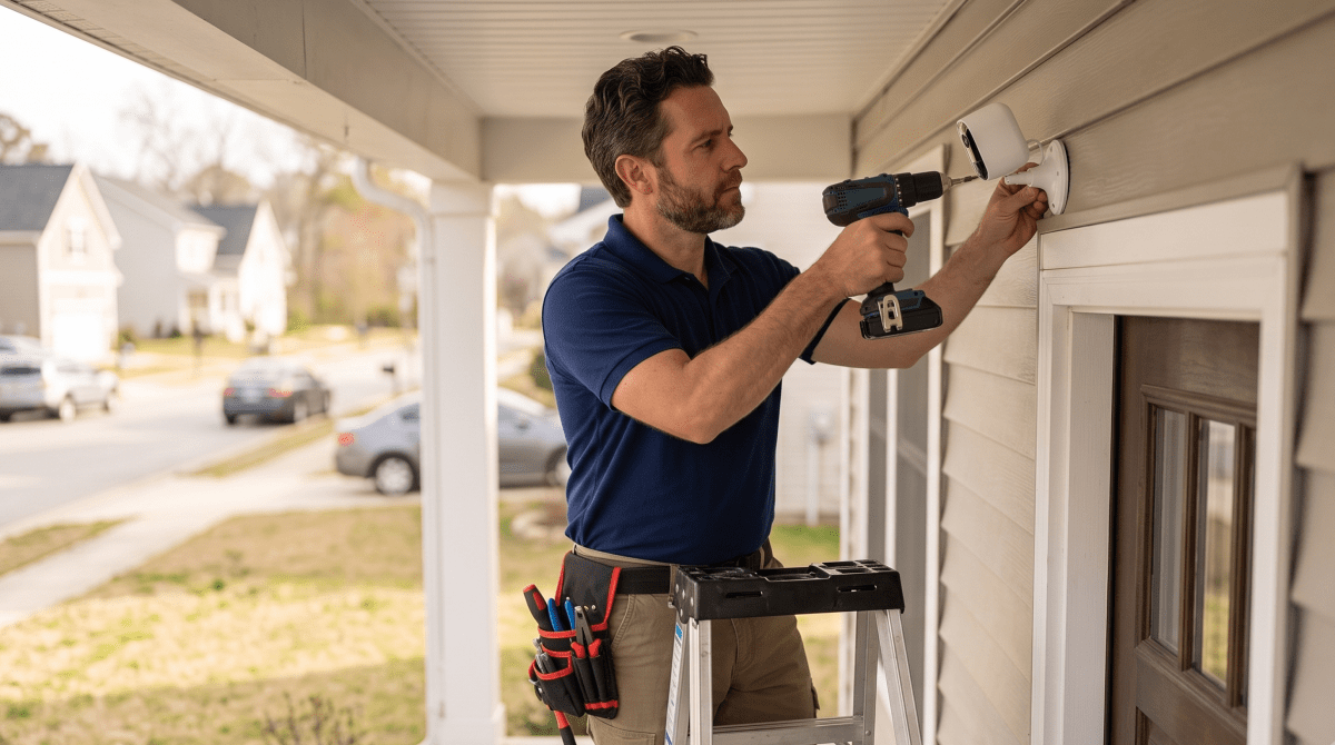 Home security installation service owner installing a home security system