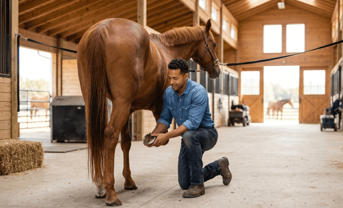 Horse boarding stable owner caring for horses at an equestrian boarding business
